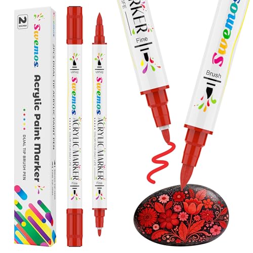 Swemos 2Pcs Red Acrylic Paint Pens Markers, Dual Tip with Fine Tip and Brush Tip Pens Acrylic Paint Markers Waterproof Acrylic Markers Set for Rock, Canvas Stone, Wood, Glass, Metal (RED, 2) - style: RED