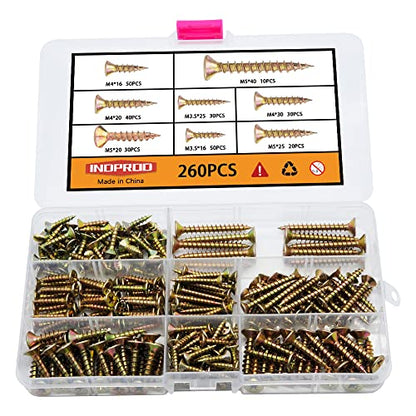 M3.5 M4 M5 Flat Head Wood Screws Assortment Kit 260 Pcs,Phillips Drive Countersunk Flat Head Self-Tapping Wood Screws,Yellow Zinc Plated Finish Screw Kit,Screws for Metal,Full Thread Screw Set - style: M3.5M4M5 260PCS