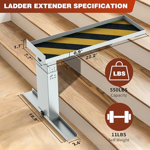 Adjustable Ladder Extender for Stairs, Metal Ladder Extender Stabilizer with Non-Slip Pads, Leveler for Straight/Extension/Telescope Ladders(550LBS Capacity,13.4" to 21.3" H Adjustable) - color: Gray