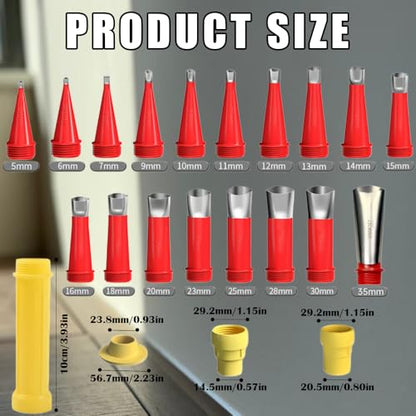 32PCS Stainless Steel Caulk Nozzle Kit - Universal Tips for Construction Adhesive, Silicone & Sealant | 18 Detachable Nozzles + 6 Bases + Angled Tips + Scrapers | Professional Sealant Gun Accessories
