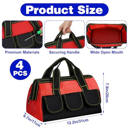 4 Pack Tool Bag for Men with Waterproof Strong Hard Bottom, Heavy Duty Tool Bag Multi Pockets Wide Mouth Tote for Various Instrument, Electrician Carpenter Mechanic (13 Inch, Black, Red, Yellow, Green