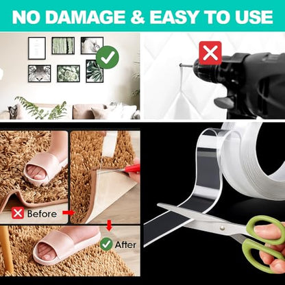 Double Sided Tape Heavy Duty,Clear 1.18 inch × 196 inch Nano Tape, Removable mounting Tape for Hanging Picture,Poster