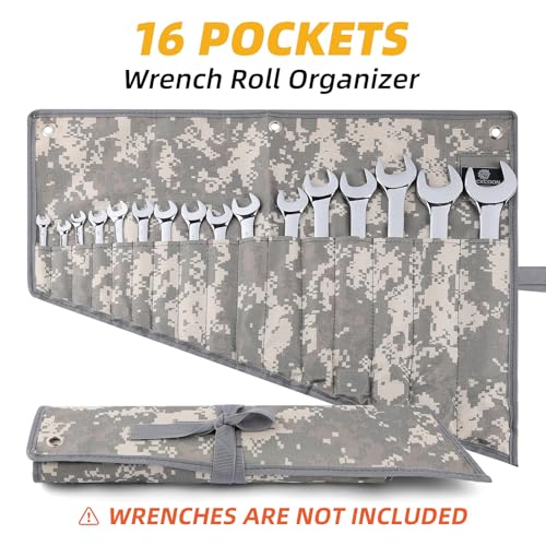 16 Pocket Wrench Roll Organizer, Rolled Tool Pouch Bag with Water Proof Oxford Cloth, Light Camouflage - color: Light Camouflage