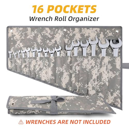 16 Pocket Wrench Roll Organizer, Rolled Tool Pouch Bag with Water Proof Oxford Cloth, Light Camouflage - color: Light Camouflage