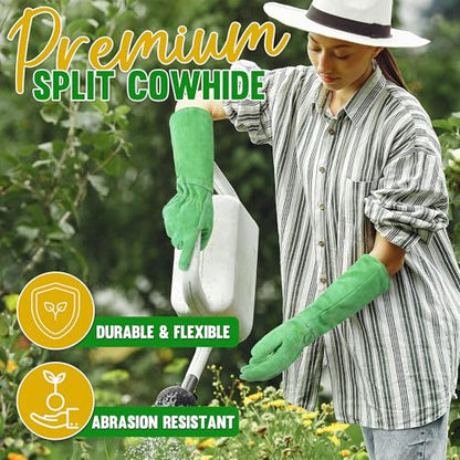 HANDLANDY Leather Gardening Gloves, Thorn Proof Long Gauntlet Heavy Duty Garden Gloves, Elbow Length Rose Pruning Weeding Yard Glove (Small, Green) - color: Green, size: Small (Pack of 1)