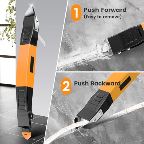 6 in 1 Silicone Caulking Tool Kit with Caulk Grout Remover Tool Sealant Finishing & Smoothing Tool, Grout Scraper, 6 Reusable Pads and Adhesive Residue Scraper for Kitchen Bathroom Tile Sink (Orange) - color: Orange
