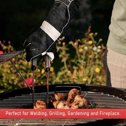 YESWELDER 23.6 Inches 932℉,Leather Forge MIG Welding Gloves, with Kevlar Stitching Heat/Fire Resistant, Palm Reinforcements, Forge,Grill, Fireplace Black-Gray - size: One Size Long, style: Reinforced Palms and Fingers Black White
