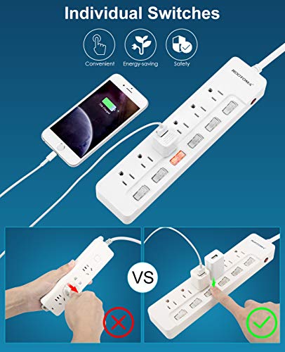 ROOTOMA Power Strip Surge Protector with Individual Switches,6-Foot 14AWG Long Extension Cord 1875W/15A Wall Mount for Office Dorm Home Theatre (6outlets-6ft) - size: 6 Ft - 6 Ac - White