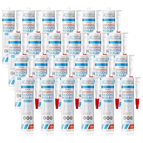 Adhesive Guru Clear Silicone Sealant Waterproof (24 x 10.15 fl.oz.), All Purpose 100% Silicone Caulk, Weatherproof & Flexible Adhesive Sealant for Indoor and Outdoor Use, Transparent - 24 Pack - size: 24 Pack
