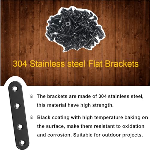 24Pcs Black Stainless Steel Flat Brace Mending Plates, Sturdy Metal Repair Fixing Joining Brackets for Wood Furniture with Screws - size: 24 Pack