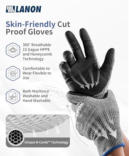 LANON Cut Resistant Gloves, Knife Protection Level D, Nitrile Coating with Honey Comb Pattern, ANSI A4 Cut Work Gloves, Reinforced Thumbs, 3D Comfort Fit, Breathable, Mechanical, Touchscreen,Large - size: Large