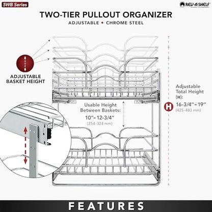 Rev-A-Shelf 2-Tier Kitchen Cabinet Pullout Shelf and Drawer Organizer Slide Out Pantry Storage Basket in Multiple Sizes, 15 x 22 In, 5WB2-1522CR-1 - size: 15"W x 22"D, style: Two Tier