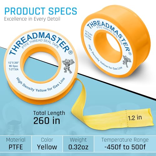 TAPEWELL Yellow Gas Teflon Tape, Pipe Thread Sealant, 260" Length 1/2" Width, for Propane, Natural Gas, & More, Pack of 2 (2)