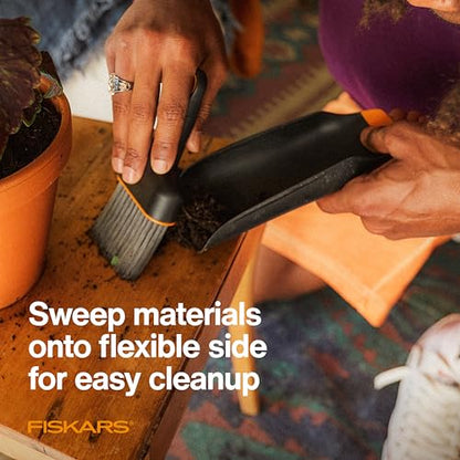 Fiskars Planting Soil Scoop & Brush Set, Dual-Sided Tool for Indoor Digging & Cleanup, Narrow Rigid End & Flexible Dustpan for Potting, Soft Bristles Sweep Debris, Recycled Plastic - style: Soil Scoop & Brush Set