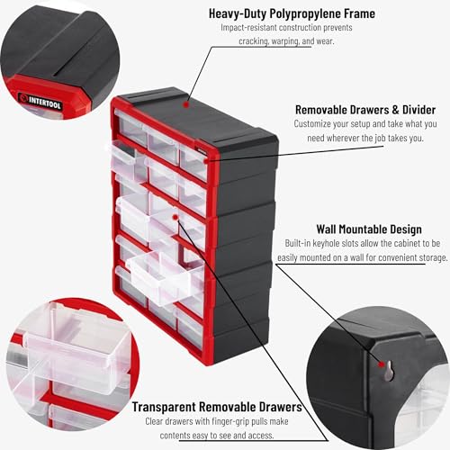 INTERTOOL Small Parts Organizer for Hardware & Screws | 18 Removable Bins with Dividers | Wall Mount or Desktop Craft & Lego Storage Cabinet | 19” x 15” x 7” BX08-4019 - style: 18 Drawers