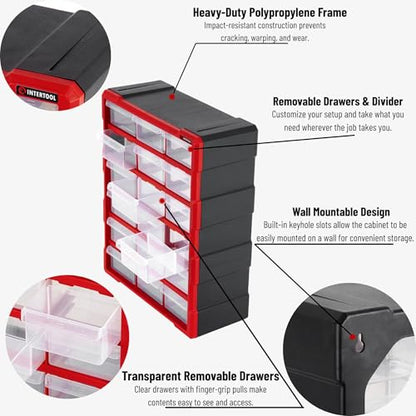 INTERTOOL Small Parts Organizer for Hardware & Screws | 18 Removable Bins with Dividers | Wall Mount or Desktop Craft & Lego Storage Cabinet | 19” x 15” x 7” BX08-4019 - style: 18 Drawers