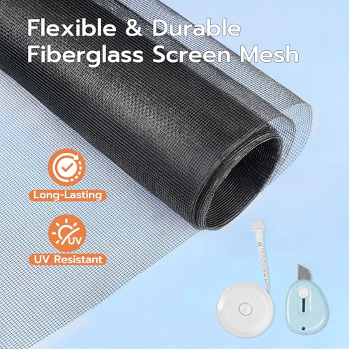 Window Screen Repair Kit, 59"x106" Fiberglass Window Screens for House Windows, Washable Screen Replacement with Rolling Tool Spline Cutter Tape Measure for Windows Patio or Sliding Screen Door - size: 59" x 106"