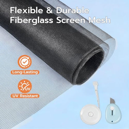 Window Screen Repair Kit, 59"x106" Fiberglass Window Screens for House Windows, Washable Screen Replacement with Rolling Tool Spline Cutter Tape Measure for Windows Patio or Sliding Screen Door - size: 59" x 106"