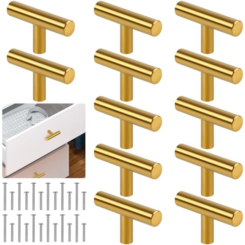 Romeda 12 Pack Gold Cabinet Knobs, 2in Single Hole Cabinet Hardware with Screws 1in & 1.5in, Gold Drawer Pulls for Kitchen Bedroom Furniture - color: 12 Pack | T-type Gold