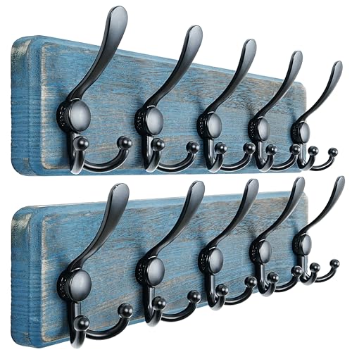 Dseap Coat Rack Wall Mount - Heavy-Duty Robust Barnwood-Style Wooden Wall Coat Hanger Hook Rail with 5 Triple Hooks for Winter Coats Hat Jacket Clothing, Weathered Blue & Black, Pack of 2 - color: Weathered Blue & Black, size: L=17.4"