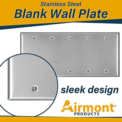 Stainless Steel Blank Wall Plate, 5 Gang Standard Size 4.50'' x 10'' Corrosion and Heat Resistant, Unbreakable Metal, Silver, Cover Unused Electrical Sockets or Switch Holes - size: 5 Gang
