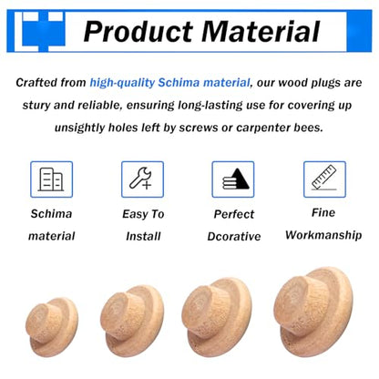 smseace 150Pcs 4-Sizes Button Wood Plugs 3/16" 5/16"，3/8"，1/2" Wooden Hole Plugs for Holes in Furniture/Table and Chair Legs/Cabinet Reserved Holes/Outdoor Equipment Wood Plugs Assortment Kit - style: Button Wood Plugs
