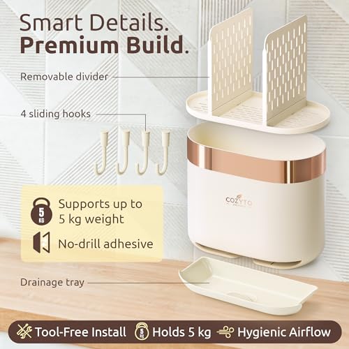 COZYTO LuxTray U1-Pro Wall Mounted Utensil Holder – Kitchen Organizer with Hooks, Dividers & Drain Tray, No-Drill Adhesive Wall Mount Storage, BPA-Free (Cream White & Rose Gold) - color: Cream White & Rose Gold