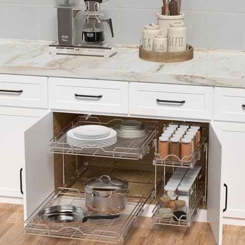 OCG 2 Tier Pull Out Cabinet Organizer (9.5" W x 21" D), Pull Out Drawers for Kitchen Cabinets, Pull Out Shelves for Base Cabinet Organization in Kitchen Bathroom Pantry, Chrome Finish - size: 9.5"W x 21"D, 2 Tier