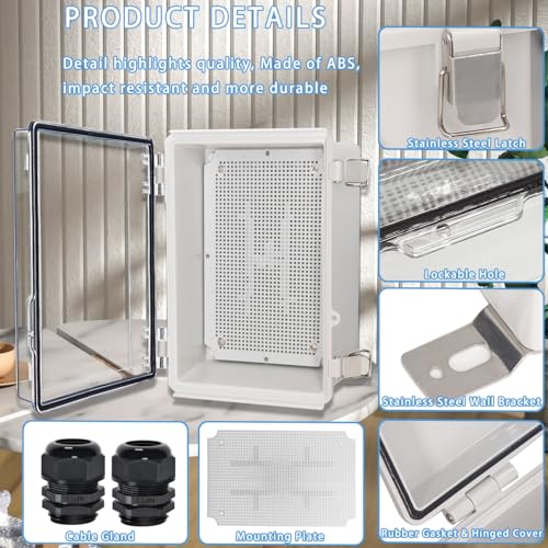 Zulkit Junction Box IP67 Waterproof Electrical Box Hinged Clear Cover Stainless Steel Latch Plastic Enclosure for Project w Mounting Plate Wall Bracket and 2 Cable Gland 11"x7.5"x5.5"/280x190x140mm - color: Clear Cover, size: 11"x7.5"x5.5"