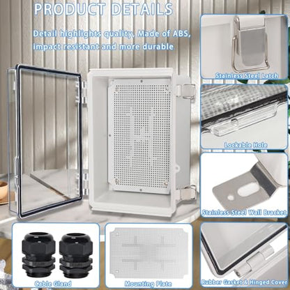 Zulkit Junction Box IP67 Waterproof Electrical Box Hinged Clear Cover Stainless Steel Latch Plastic Enclosure for Project w Mounting Plate Wall Bracket and 2 Cable Gland 11"x7.5"x5.5"/280x190x140mm - color: Clear Cover, size: 11"x7.5"x5.5"