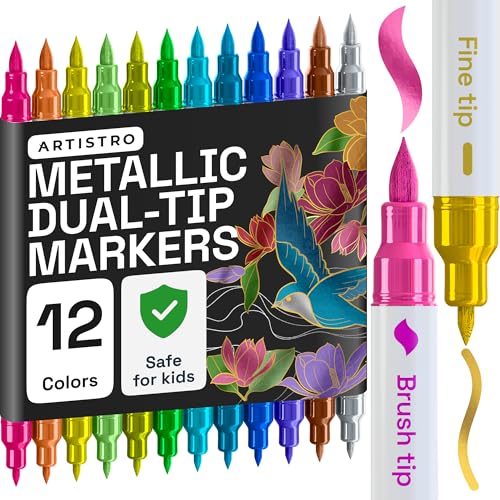 ARTISTRO 12 Metallic Acrylic Paint Markers - Paint Pens for Drawing, Brush + Fine Tips - For Fabric, Rock, Glass, Wood, DIY - Art & Craft Supplies for Adults, Teens, Kids - Teacher Appreciation Gift - style: Metallic