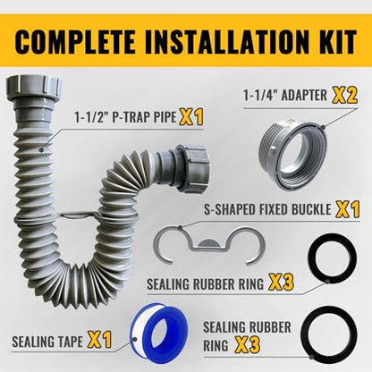 VIVIDA Sink Drain Pipe 1-1/2", Flexible Drain Pipe, 7.5"-17.7" Expandable Flexible P Trap for Bathroom and Kitchen, Under Sink Plumbing, 1-1/4" Adapter Included, Gray, 1 PACK - color: Gray, size: 7.5" to 17.7"