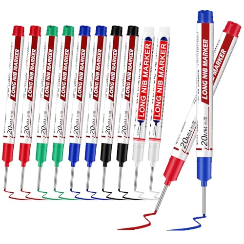 Thboxes 10 Pack Long Nib Marker, 20mm Long Head Deep Hole Markers Waterproof Construction Markers Deep Reach Pen for Carpenter Woodworking Metal - color: Multicolor