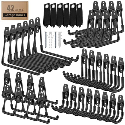 42 Pack Garage Hooks with Anti-Slip Coating Heavy Duty Wall Mount Hooks for Garage Storage and Hanging Hoses Bike Garden Tools Ropes etc - color: 42 Pack Black