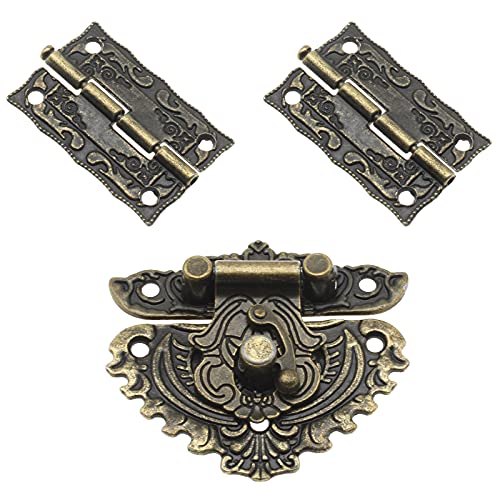 Antique Engraved Decorative Hasp Latch & Hinges Kit Heart-Shape Zinc Alloy Hasp Clasp and Vintage Bronze Hinges with Mounting Screws for Retro Design Jewelry Box