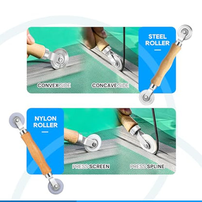 King&Charles Window Screen Door Repair/Replacement Kit, Include Black Screen Mesh 59"x106"+ 2 Roller+50Ft Spline+8Clips+Hook, 6 in 1 Window Mesh Kit, Steel/Nylon Bearing Roller - color: Black, size: 59"×106" Kit