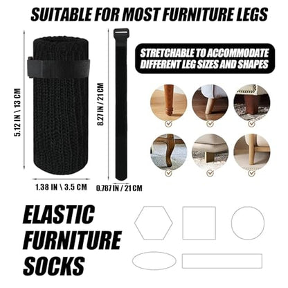 16 PCS Furniture Leg Socks with Hook-and-Loop Fastener - Black Knit Chair Leg Floor Protectors for Hardwood Floors - High-Elasticity Furniture Socks with Fasteners Stays in Place Well - size: 16 Pcs Black With Fasteners