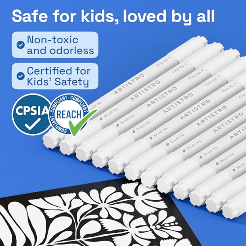 ARTISTRO 12 White Acrylic Paint Markers - Paint Pens for Drawing, Brush + Fine Tips - For Fabric, Rock, Glass, Wood, DIY - Art & Craft Supplies for Adults, Teens, Kids - Teacher Appreciation Gift - style: White