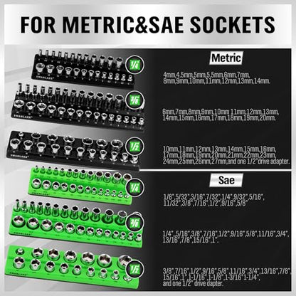 Magnetic Socket Organizer Set, 6-piece 1/4", 3/8", 1/2" SAE & Metric Sockets Holder, Drive Socket Trays, Storage Tool Box, Holding 143 Slots, Soft Rubber Covering Black Green Tools - style: 6PCS Green/Black