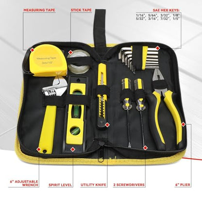 Auto Dynasty 16 Pcs Household Auto Repair Hand Tool Kit Set with Allen Keys Screwdrivers Tool Set Tap Measure Adjustable Wrench Utility Knife for Home Garage Warehouse Repair, Yellow - color: Yellow, size: 16 Pcs