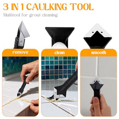 3-in-1 Hand Tool Kit, Silicone Sealant Finisher & Grout Remover Scraper with Stainless Steel Head - Professional Caulk Guns Applicator for Bathroom, Kitchen, Window, Sink, Tile Joints
