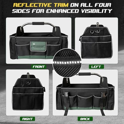 18 Inch Open Top Tool Bag, Tool Bags for Men with 30 Pockets, 1680D Waterproof Fabric, Foldable Electrician Tool Bag with Rotating Handle, Reflective Tool Organizer for Men, Green - color: Black-Green