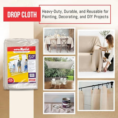 Canvas Drop Cloth by coverNpaint 4x12 (1.22X3.65 M Cut Size) Pack of 1 Reusable Paint Drop Cloth, 100% Cotton, All Purpose Painters Canvas Drop Cloth, Cover for Painter Furniture & Floor Protection