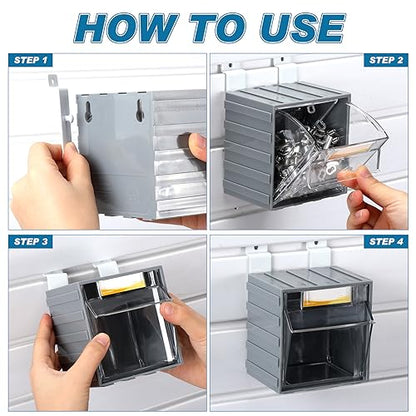 Huwena 6 Pack Slatwall Bins with Hooks Set Tilt out Bins Storage Cabinet Slatwall Tip out Bin with Labels Wall Mount Container Hanging Storage Organizer Accessories for Garage Work Room Panel Hardware
