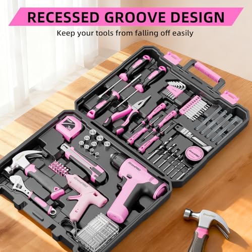GRENPRO Pink Tool Set Drill Set, 188PCS Tool Kit For Home with Pink Cordless Drill Power, Hand Tool Kit for Women, Basic Household Auto Car Repair Tool Box for Men, Portable Storage Box Tools Sets - style: Pink Power Drill Set 188PC