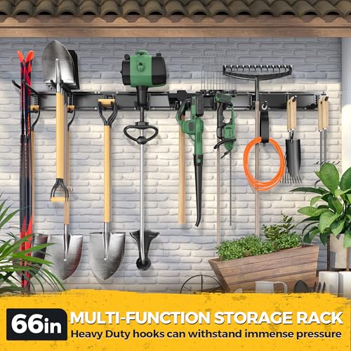 LBT 66" Garage Tool Organizer Wall Mount - 720lbs Garden Tool Organizer with Adjustable Hooks, Heavy Duty Metal Garage Storage Rack, Anti-Rust Shed Rack Holder Hanging Rake Broom Mower Snowboard - size: 66inch