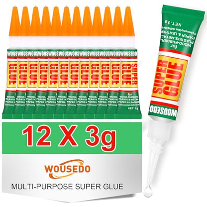 WOUSEDO 12 X 3g Super Glue Clear, Strong Adhesive,Super Glue Fast Drying Cyanoacrylate Glue for Wood,Rubber,Leather, Plastic, Metal, Rhinestone Jewelry, DIY Crafts and More - color: 12 X 3g