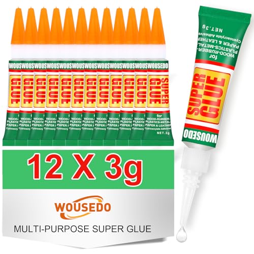 WOUSEDO 12 X 3g Super Glue Clear, Strong Adhesive,Super Glue Fast Drying Cyanoacrylate Glue for Wood,Rubber,Leather, Plastic, Metal, Rhinestone Jewelry, DIY Crafts and More - color: 12 X 3g