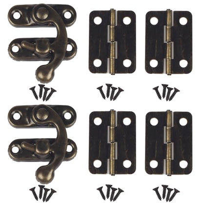 Small Antique Bronze Jewelry Box Hardware Kit, 2 Sets Right Latch Hook Hasp with 4 Hinges & Screws for Wood Chest, Gift Box, Cabinet, Craft Project