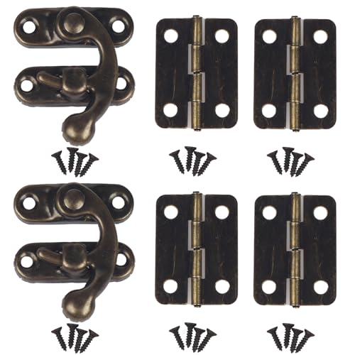 Small Antique Bronze Jewelry Box Hardware Kit, 2 Sets Right Latch Hook Hasp with 4 Hinges & Screws for Wood Chest, Gift Box, Cabinet, Craft Project
